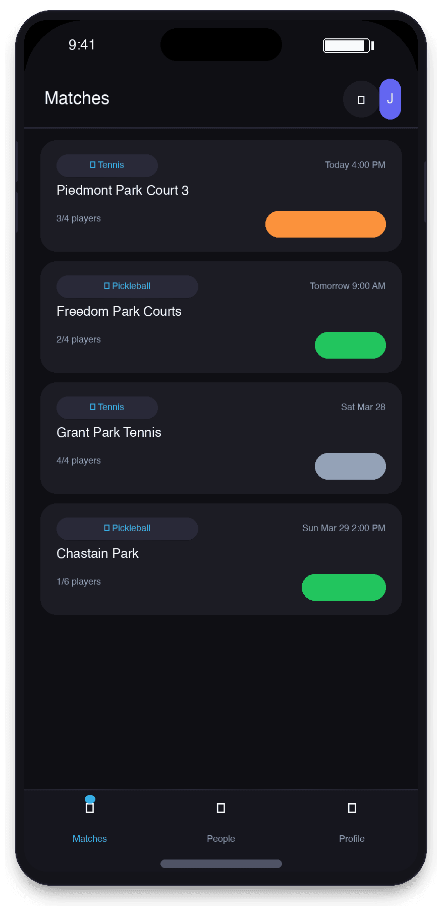 MatchScheduler app showing the matches screen